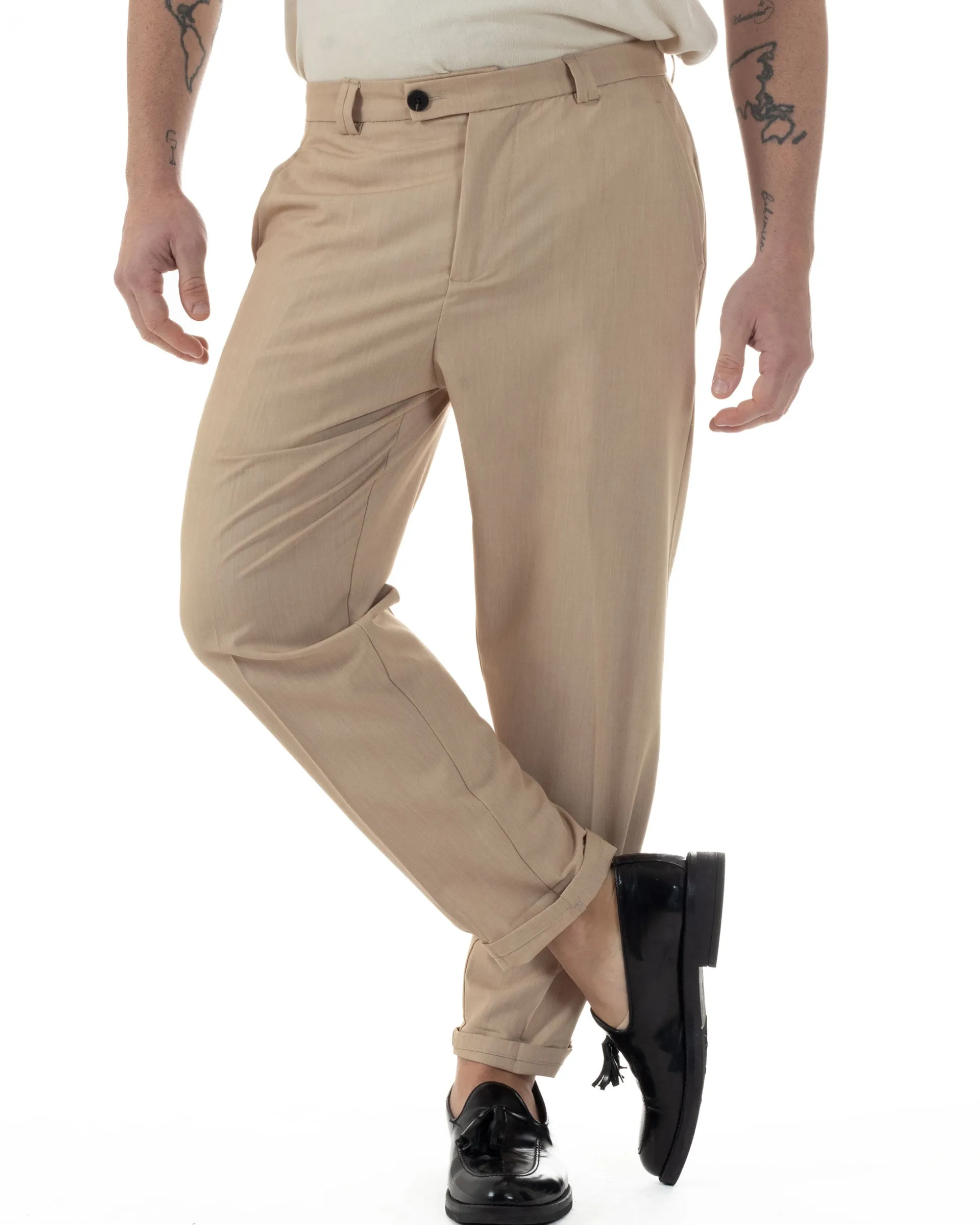 Pantaloni Uomo Viscosa Tasca America Abbottonatura Allungata Capri Sartoriale Camel GIOSAL-P6243A