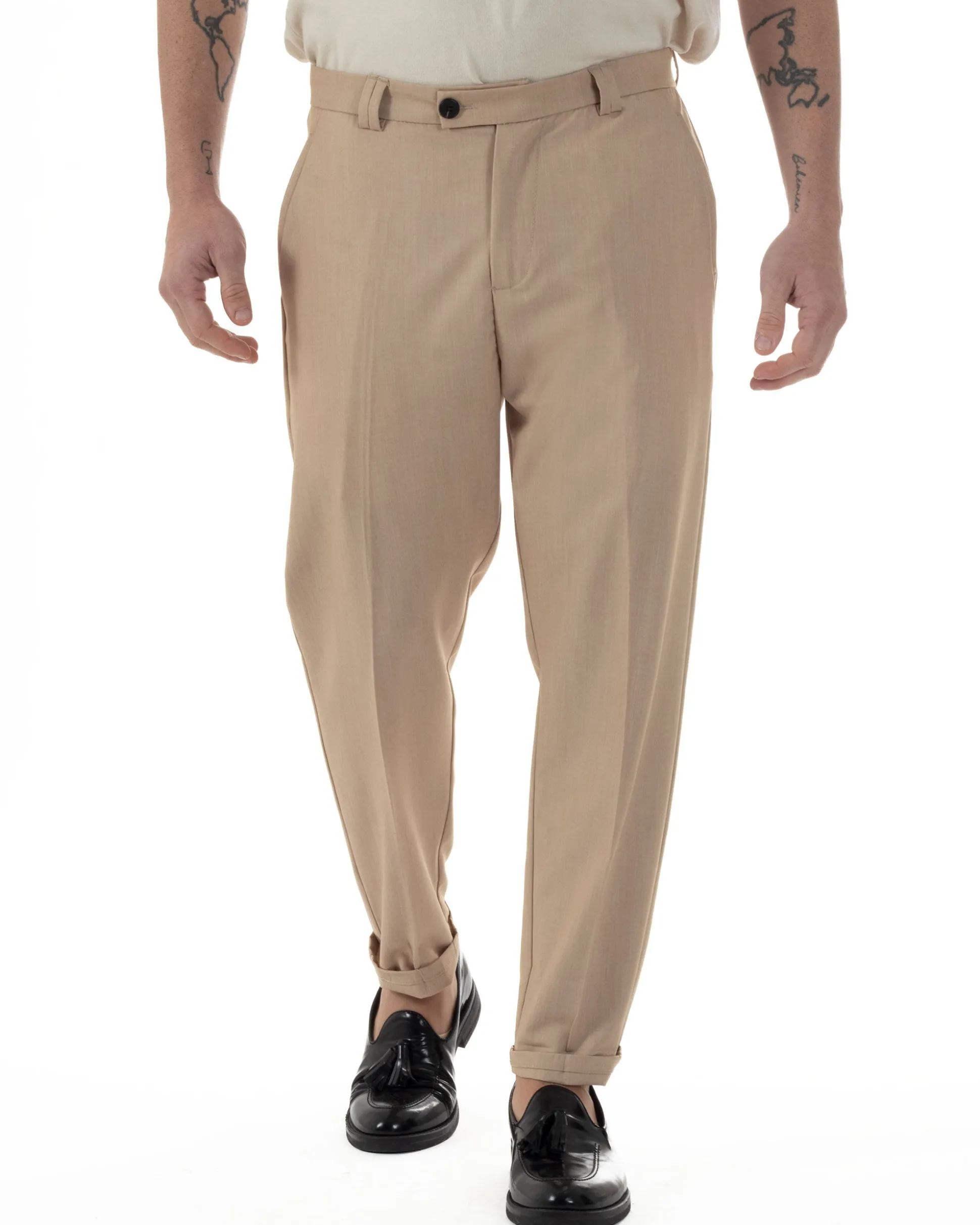 Pantaloni Uomo Viscosa Tasca America Abbottonatura Allungata Capri Sartoriale Camel GIOSAL-P6243A