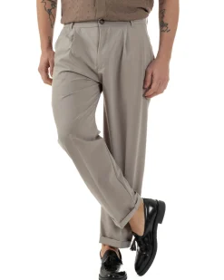 Pantaloni Uomo Viscosa Tasche America Doppia Pinces Comodo Balloon Fit Casual Tinta Unita Beige GIOSAL-P6240A