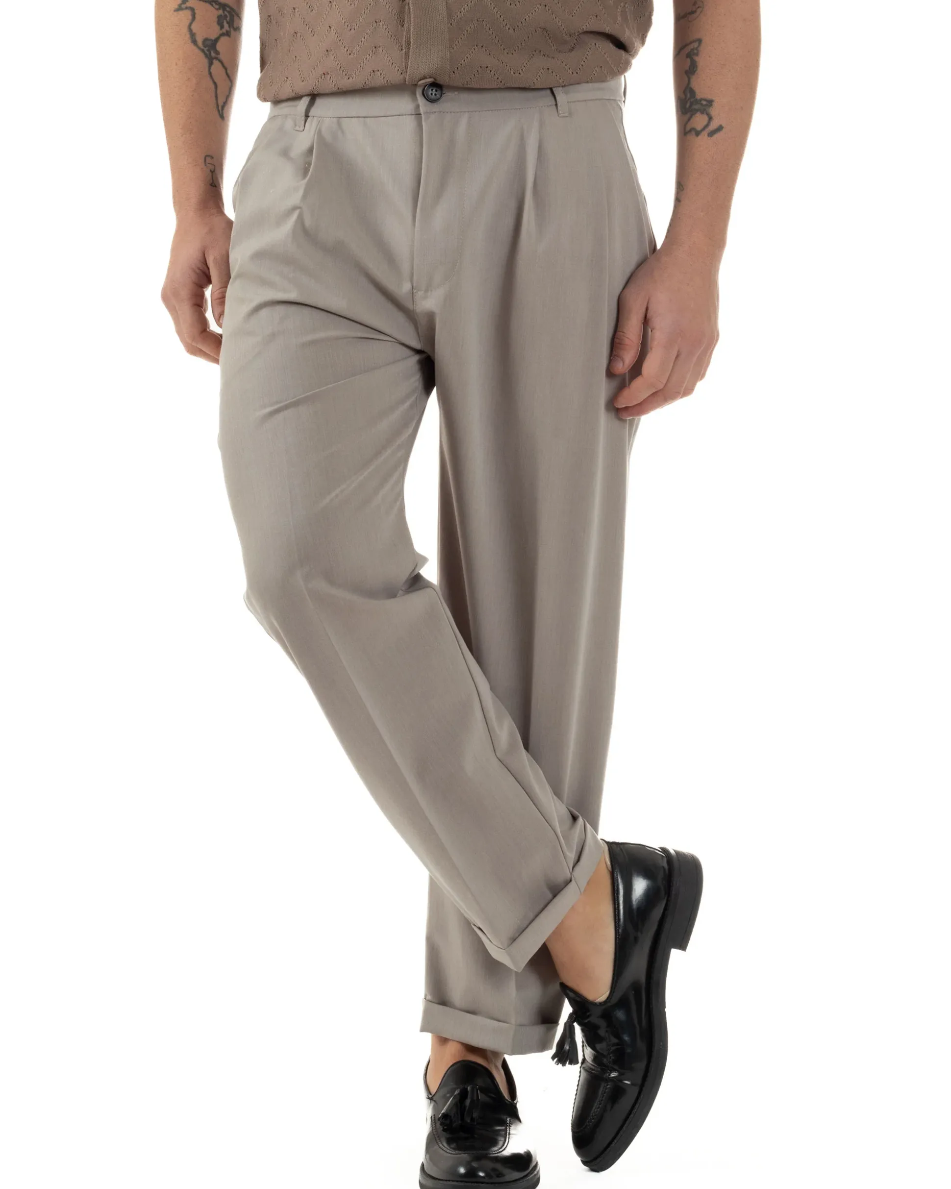 Pantaloni Uomo Viscosa Tasche America Doppia Pinces Comodo Balloon Fit Casual Tinta Unita Beige GIOSAL-P6240A