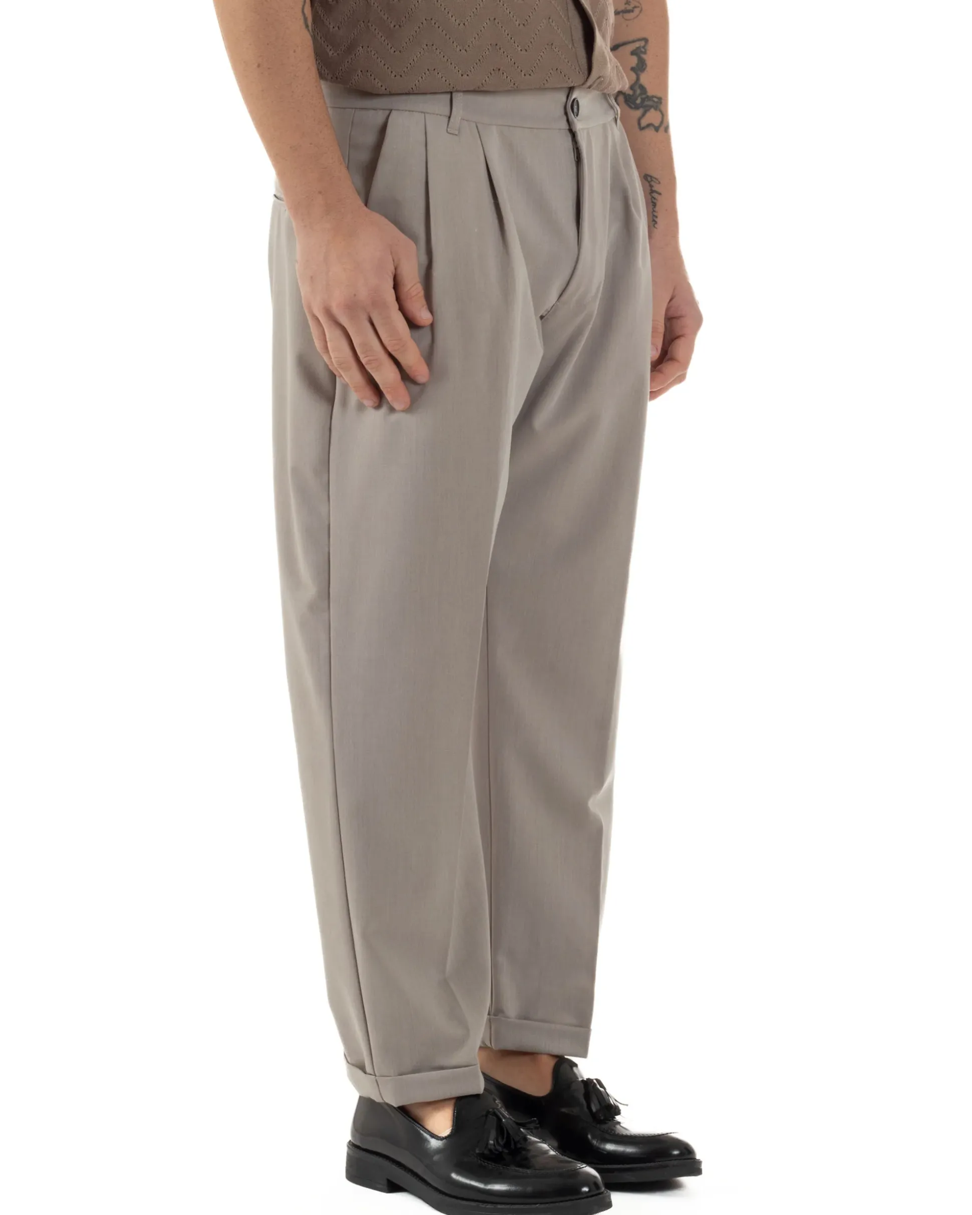 Pantaloni Uomo Viscosa Tasche America Doppia Pinces Comodo Balloon Fit Casual Tinta Unita Beige GIOSAL-P6240A
