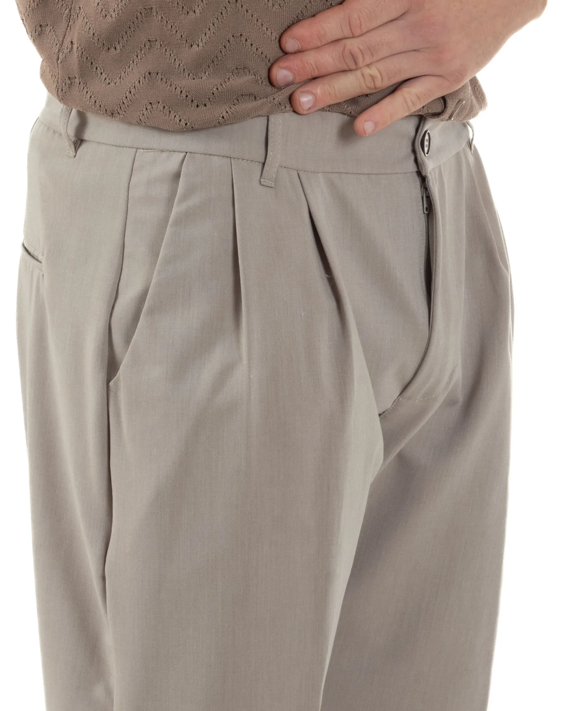 Pantaloni Uomo Viscosa Tasche America Doppia Pinces Comodo Balloon Fit Casual Tinta Unita Beige GIOSAL-P6240A