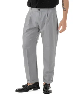 Pantaloni Uomo Viscosa Tasche America Doppia Pinces Comodo Balloon Fit Casual Tinta Unita Grigio GIOSAL-P6242A