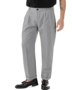 Pantaloni Uomo Viscosa Tasche America Doppia Pinces Comodo Balloon Fit Casual Tinta Unita Grigio GIOSAL-P6242A