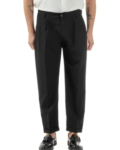 Pantaloni Uomo Viscosa Tasche America Doppia Pinces Comodo Balloon Fit Casual Tinta Unita Nero GIOSAL-P6241A