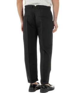 Pantaloni Uomo Viscosa Tasche America Doppia Pinces Comodo Balloon Fit Casual Tinta Unita Nero GIOSAL-P6241A