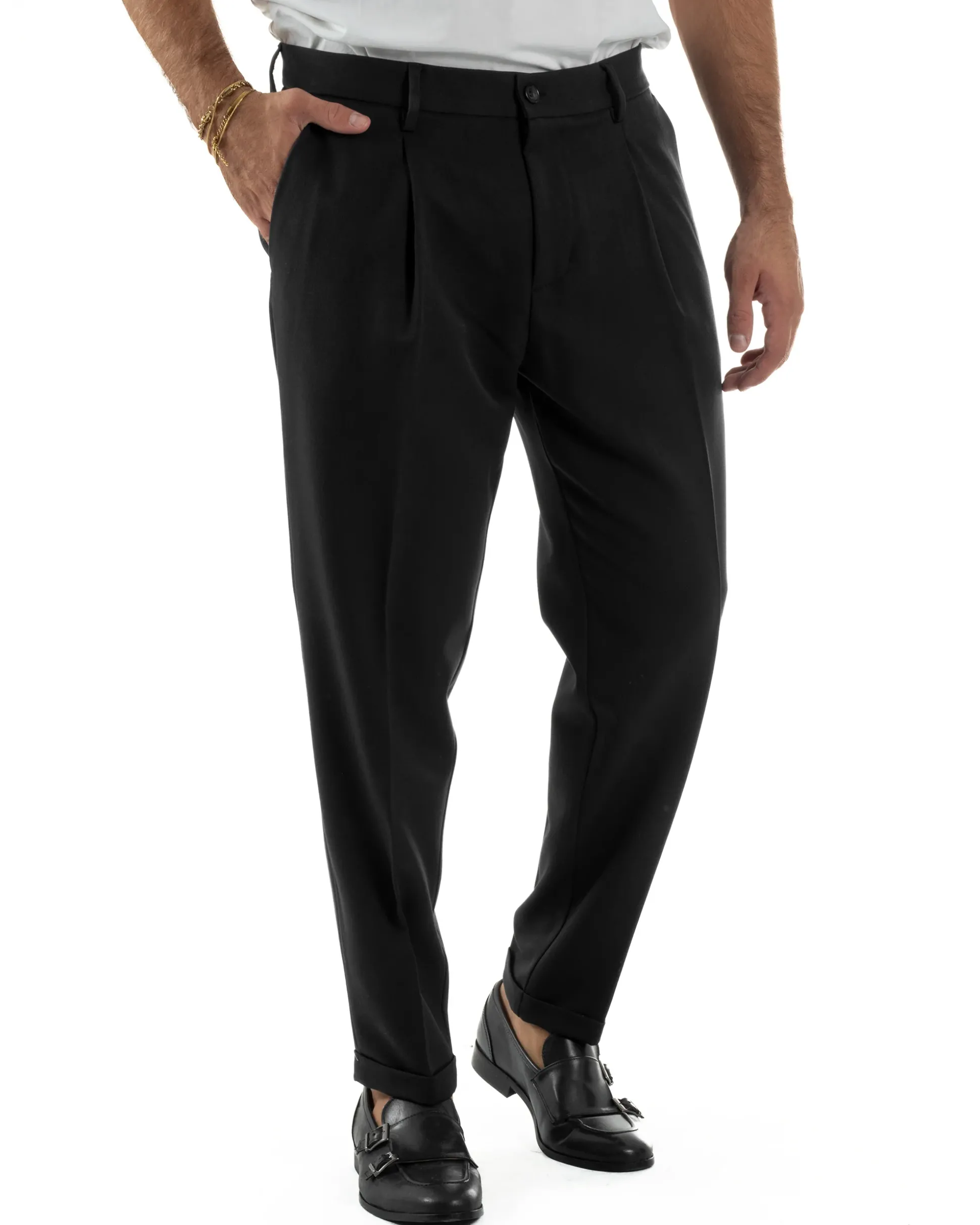 Pantaloni Uomo Viscosa Tasche America Con Pinces Classico Nero Over-D OC1F2W5P15