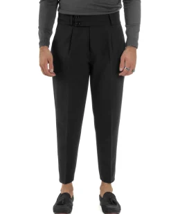 Pantaloni Uomo Viscosa Vita Alta Con Pinces Classico Casual Nero P6375A