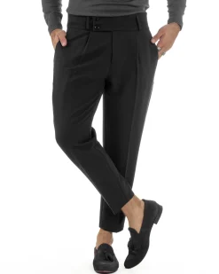 Pantaloni Uomo Viscosa Vita Alta Con Pinces Classico Casual Nero P6375A