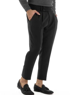 Pantaloni Uomo Viscosa Vita Alta Con Pinces Classico Casual Nero P6375A