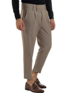 Pantaloni Uomo Viscosa Vita Alta Con Pinces Classico Casual Beige Melangiato P6374A