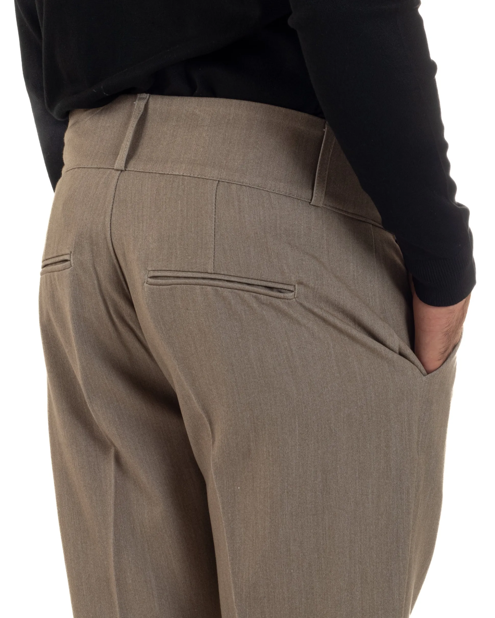 Pantaloni Uomo Viscosa Vita Alta Con Pinces Classico Casual Beige Melangiato P6374A