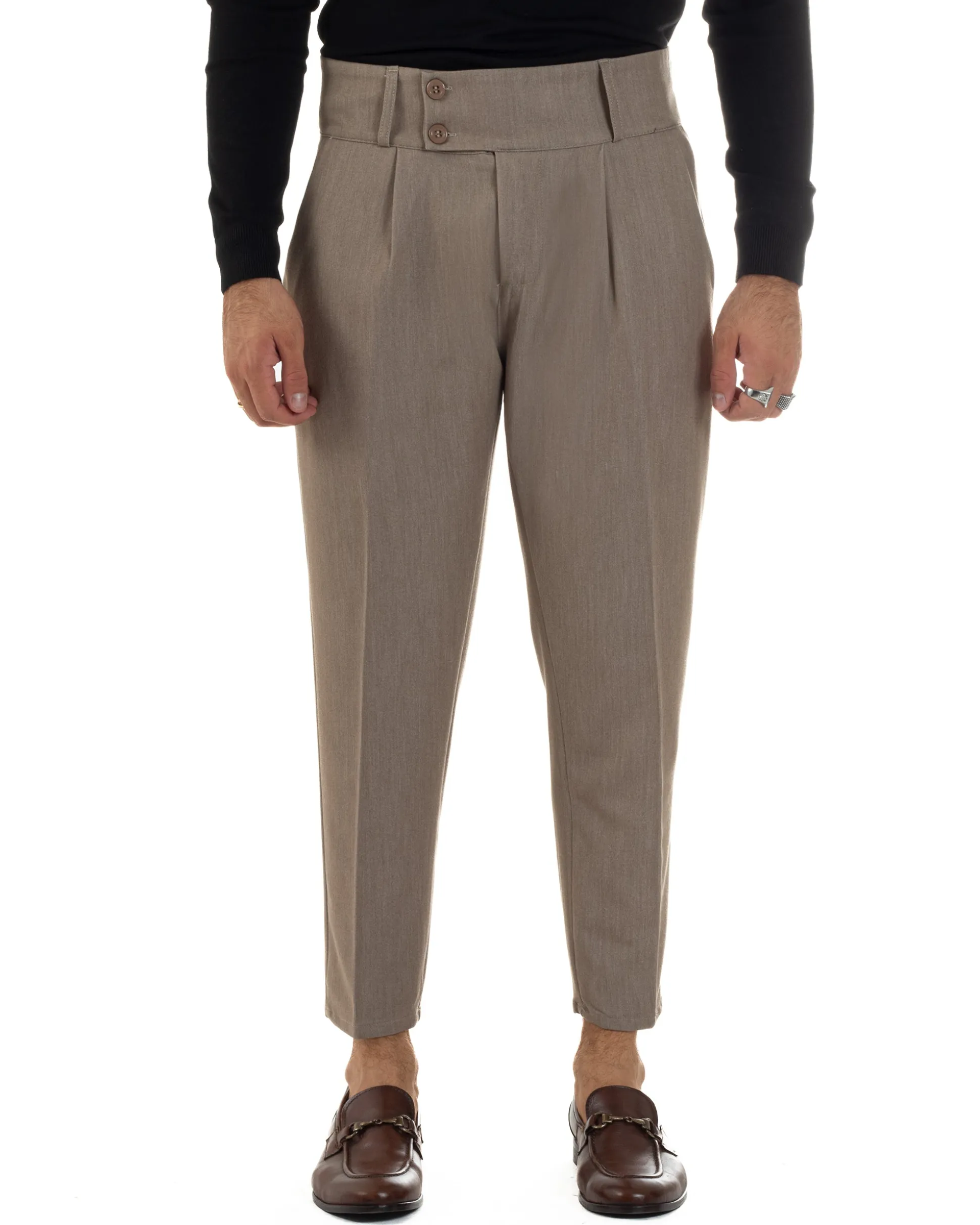 Pantaloni Uomo Viscosa Vita Alta Con Pinces Classico Casual Beige Melangiato P6374A