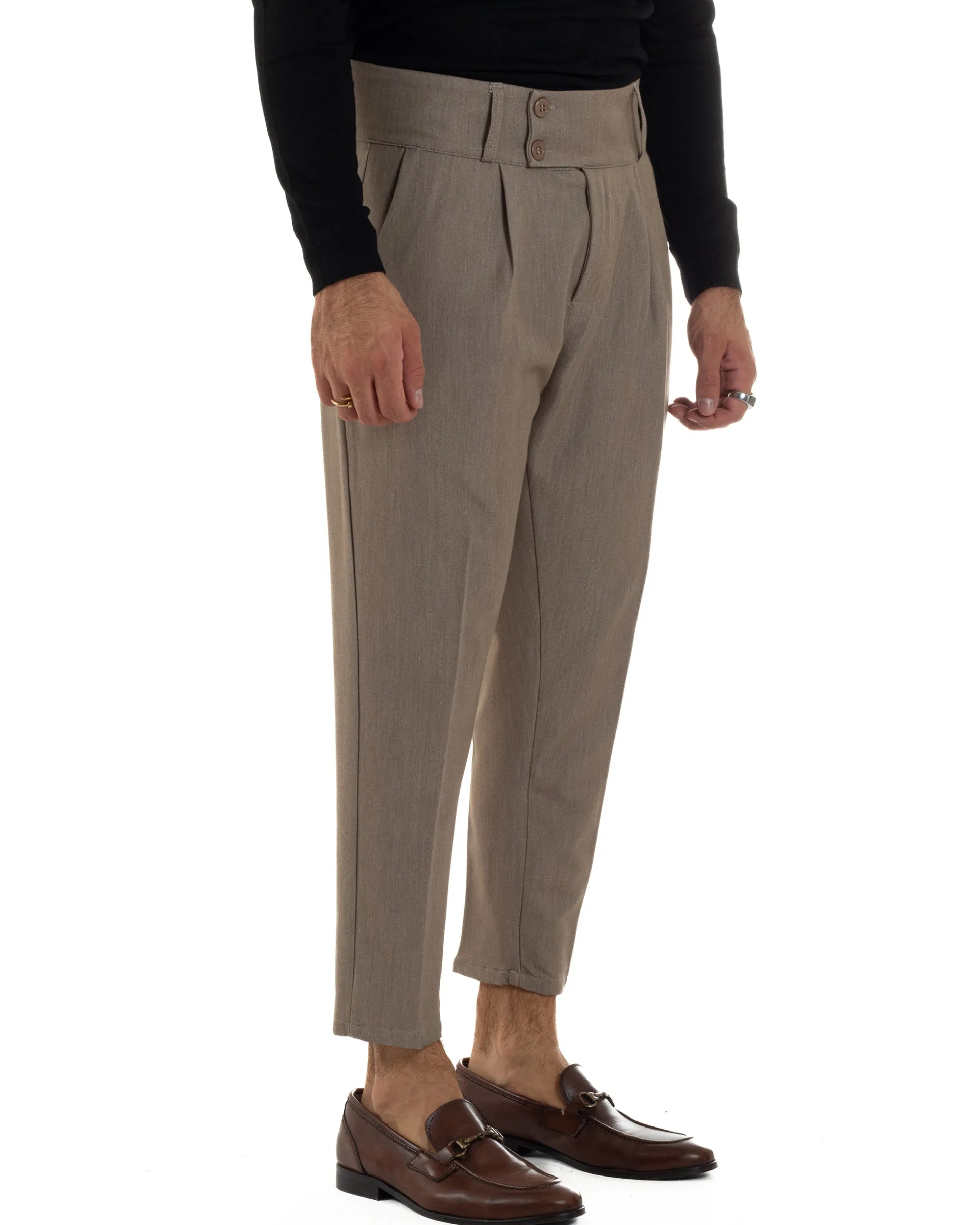 Pantaloni Uomo Viscosa Vita Alta Con Pinces Classico Casual Beige Melangiato P6374A