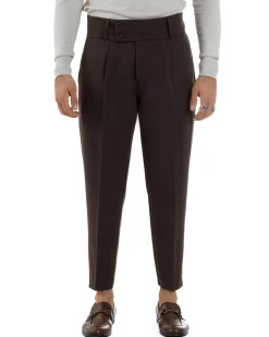 Pantaloni Uomo Viscosa Vita Alta Con Pinces Classico Casual Marrone P6377A