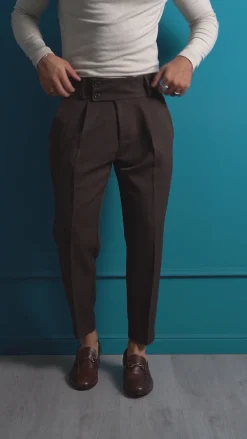 Pantaloni Uomo Viscosa Vita Alta Con Pinces Classico Casual Marrone P6377A
