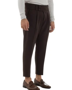 Pantaloni Uomo Viscosa Vita Alta Con Pinces Classico Casual Marrone P6377A