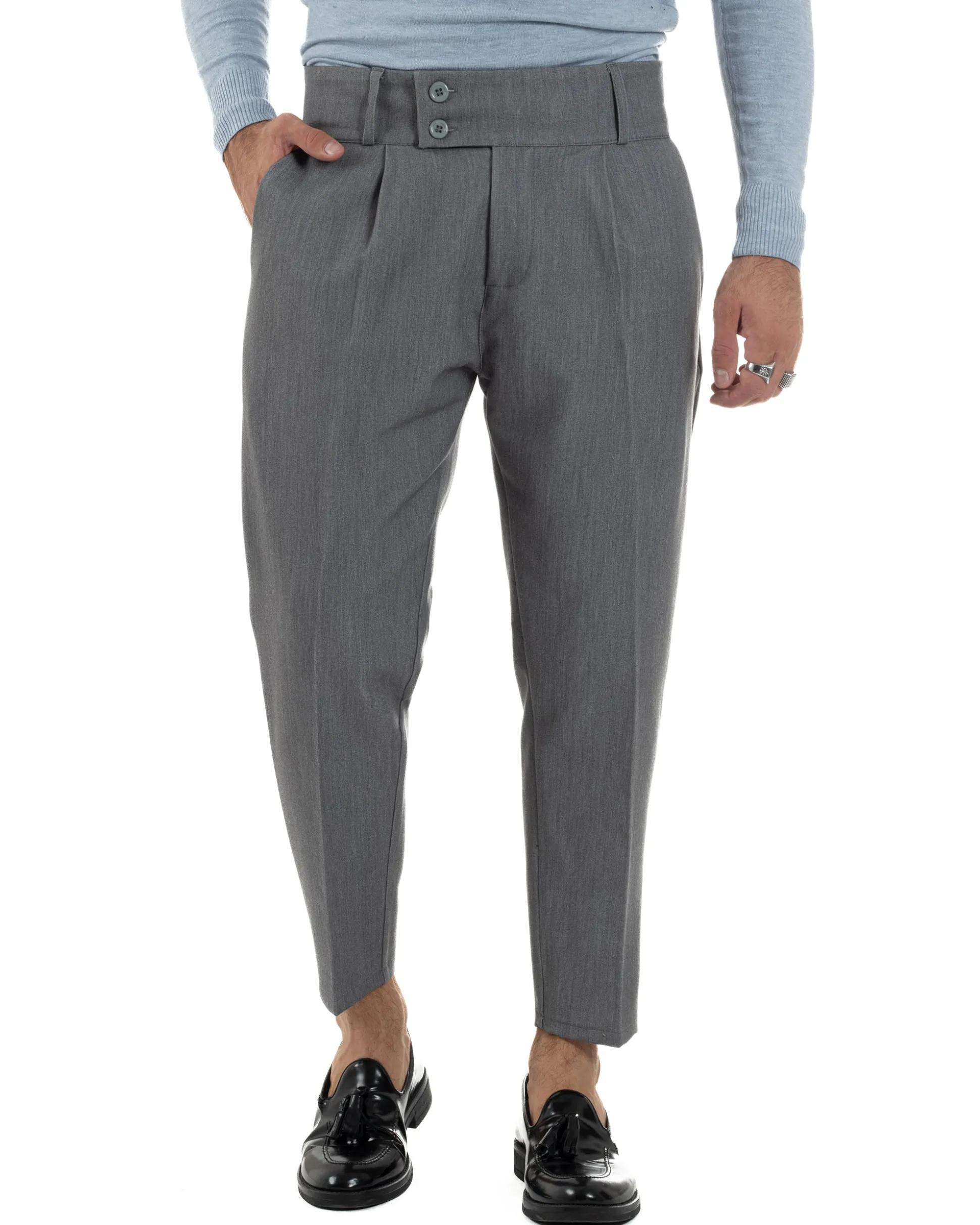 Pantaloni Uomo Viscosa Vita Alta Con Pinces Classico Casual Grigio P6372A