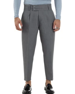 Pantaloni Uomo Viscosa Vita Alta Con Pinces Classico Casual Grigio P6372A