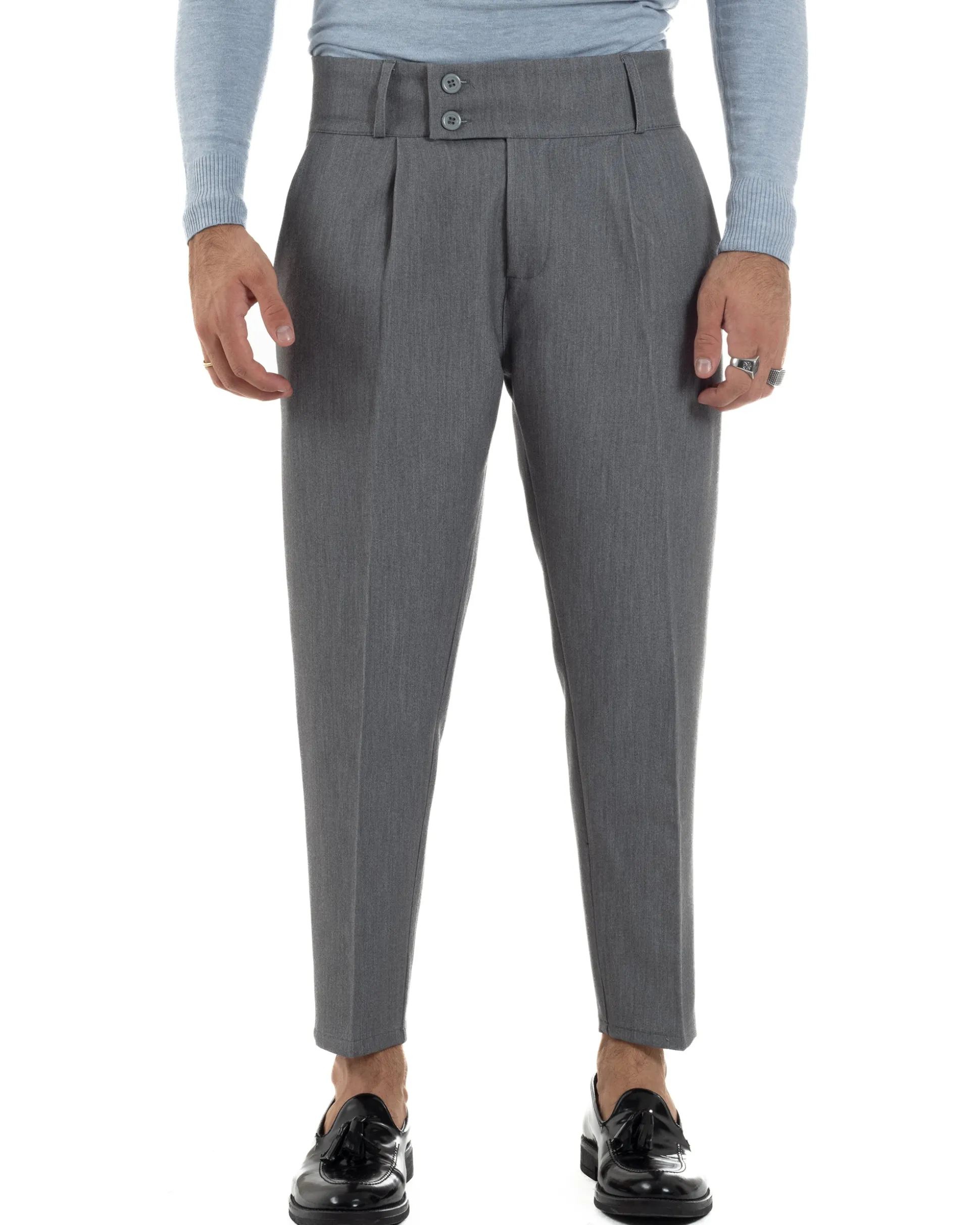 Pantaloni Uomo Viscosa Vita Alta Con Pinces Classico Casual Grigio P6372A