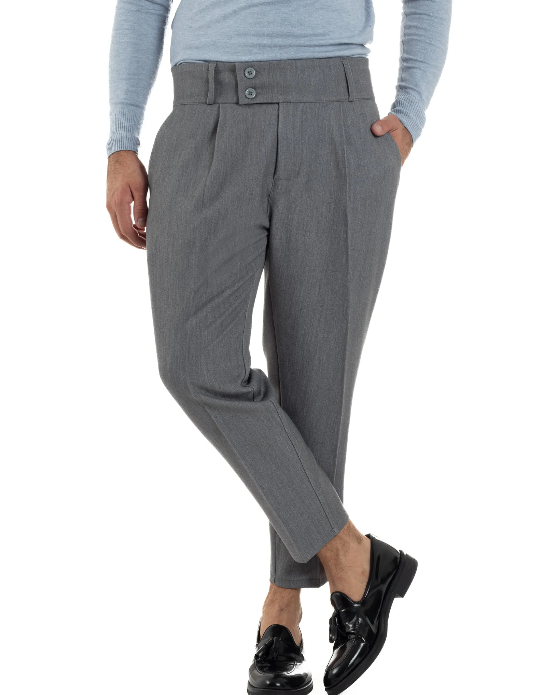 Pantaloni Uomo Viscosa Vita Alta Con Pinces Classico Casual Grigio P6372A