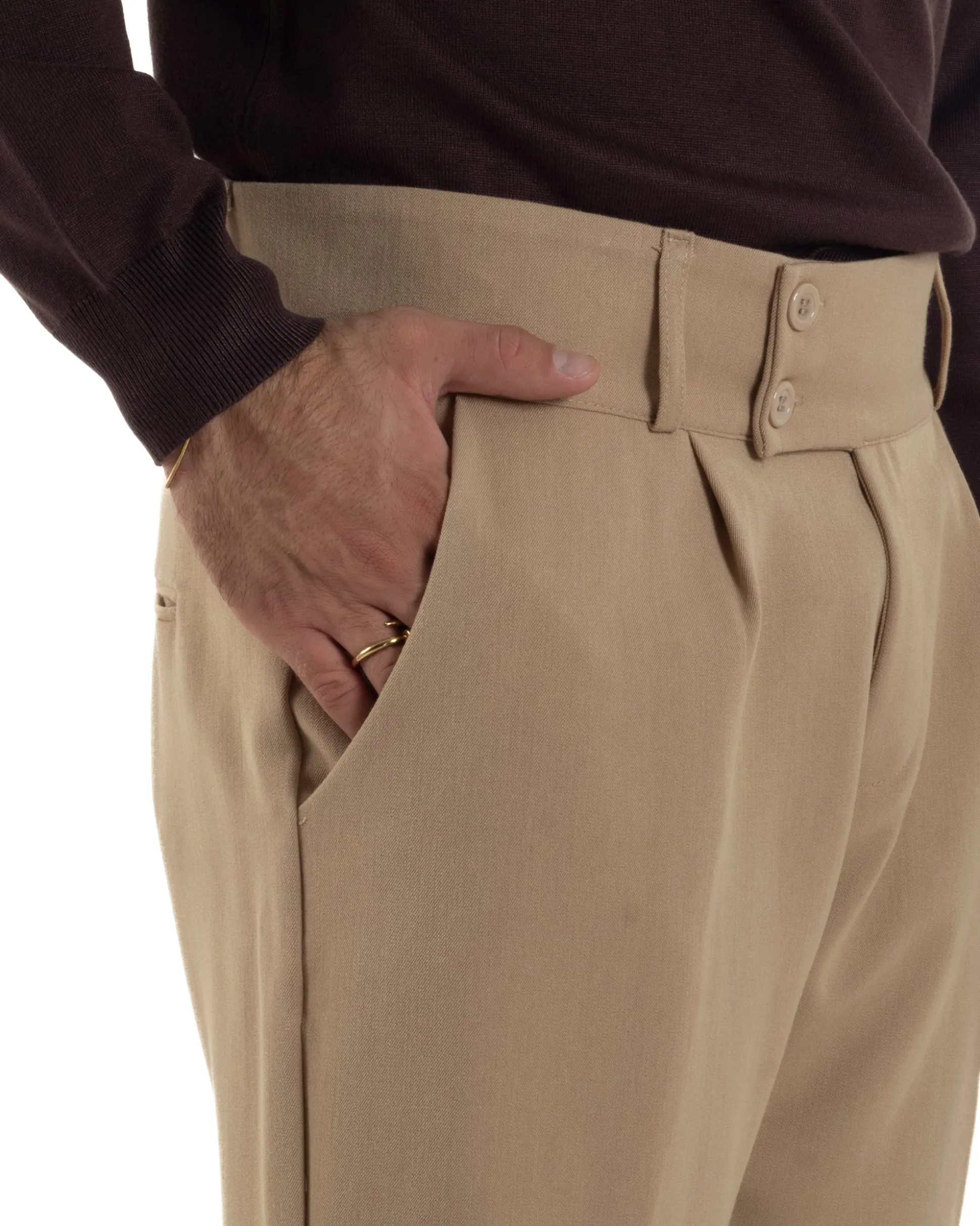 Pantaloni Uomo Viscosa Vita Alta Con Pinces Classico Casual Beige P6376A