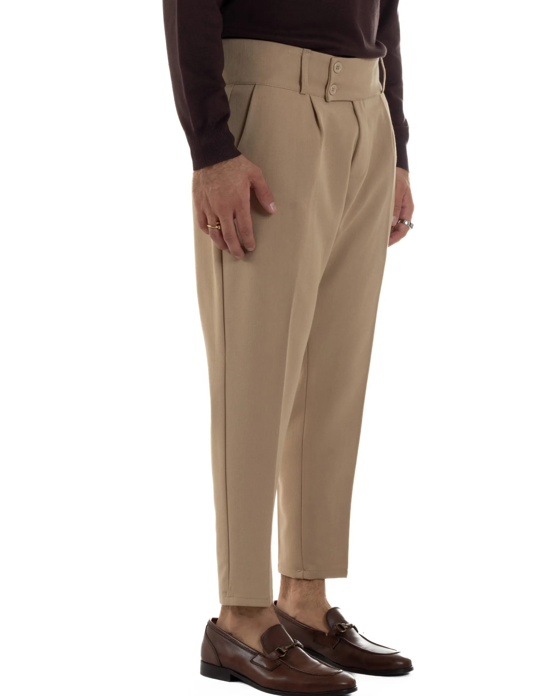 Pantaloni Uomo Viscosa Vita Alta Con Pinces Classico Casual Beige P6376A