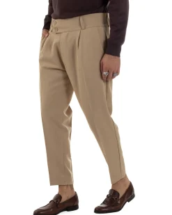 Pantaloni Uomo Viscosa Vita Alta Con Pinces Classico Casual Beige P6376A