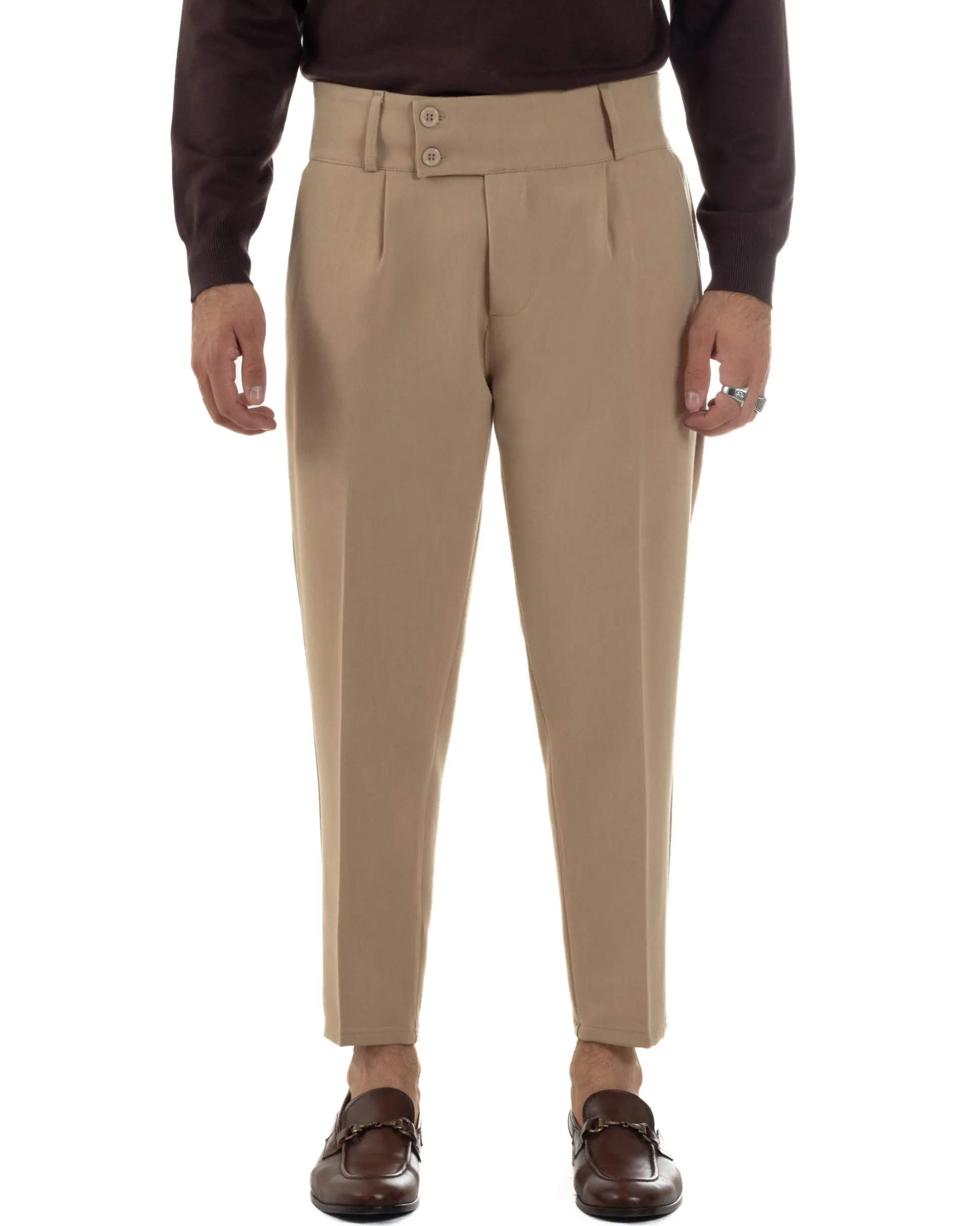 Pantaloni Uomo Viscosa Vita Alta Con Pinces Classico Casual Beige P6376A