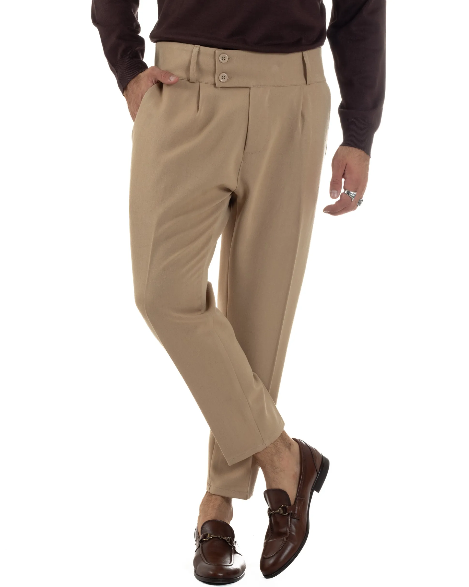 Pantaloni Uomo Viscosa Vita Alta Con Pinces Classico Casual Beige P6376A