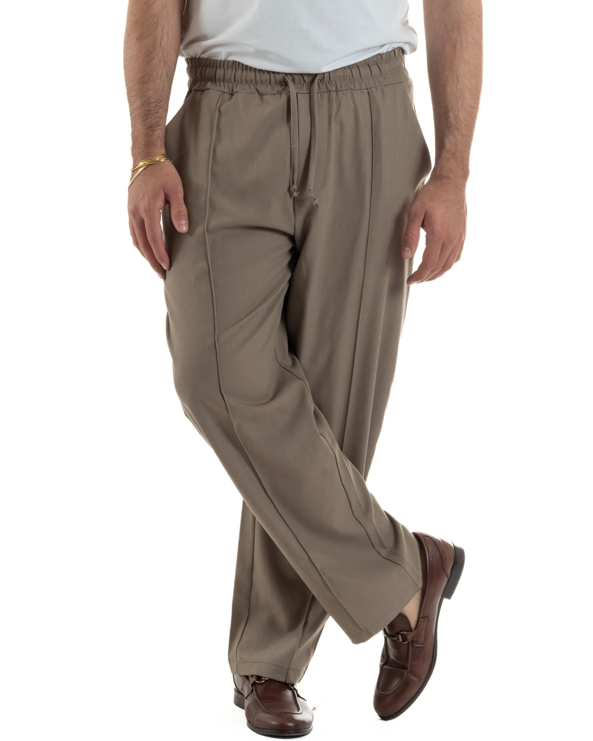 Pantaloni uomo viscosa wide leg coulisse pantalaccio nervatura beige GIOSAL-P6490A