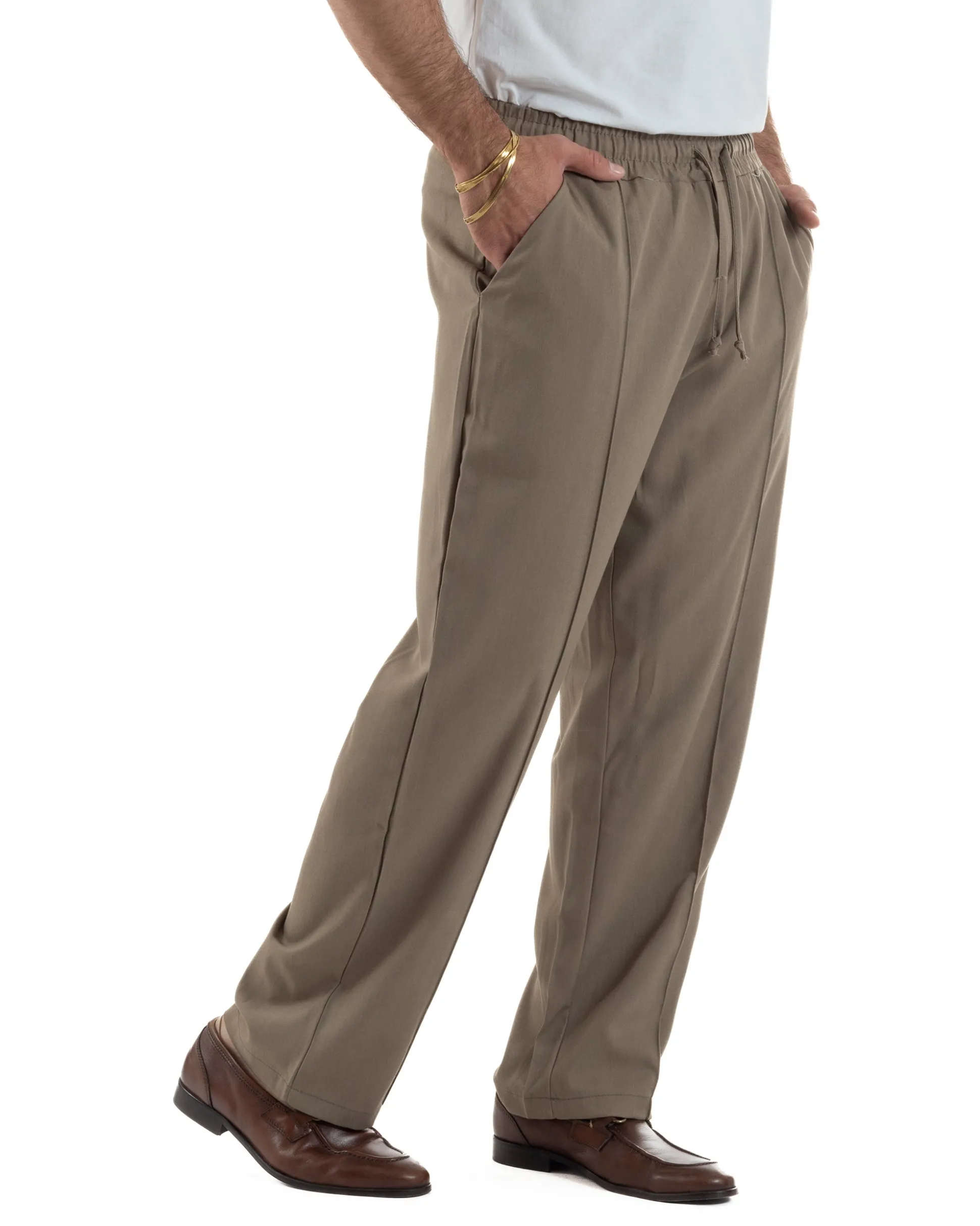 Pantaloni uomo viscosa wide leg coulisse pantalaccio nervatura beige GIOSAL-P6490A