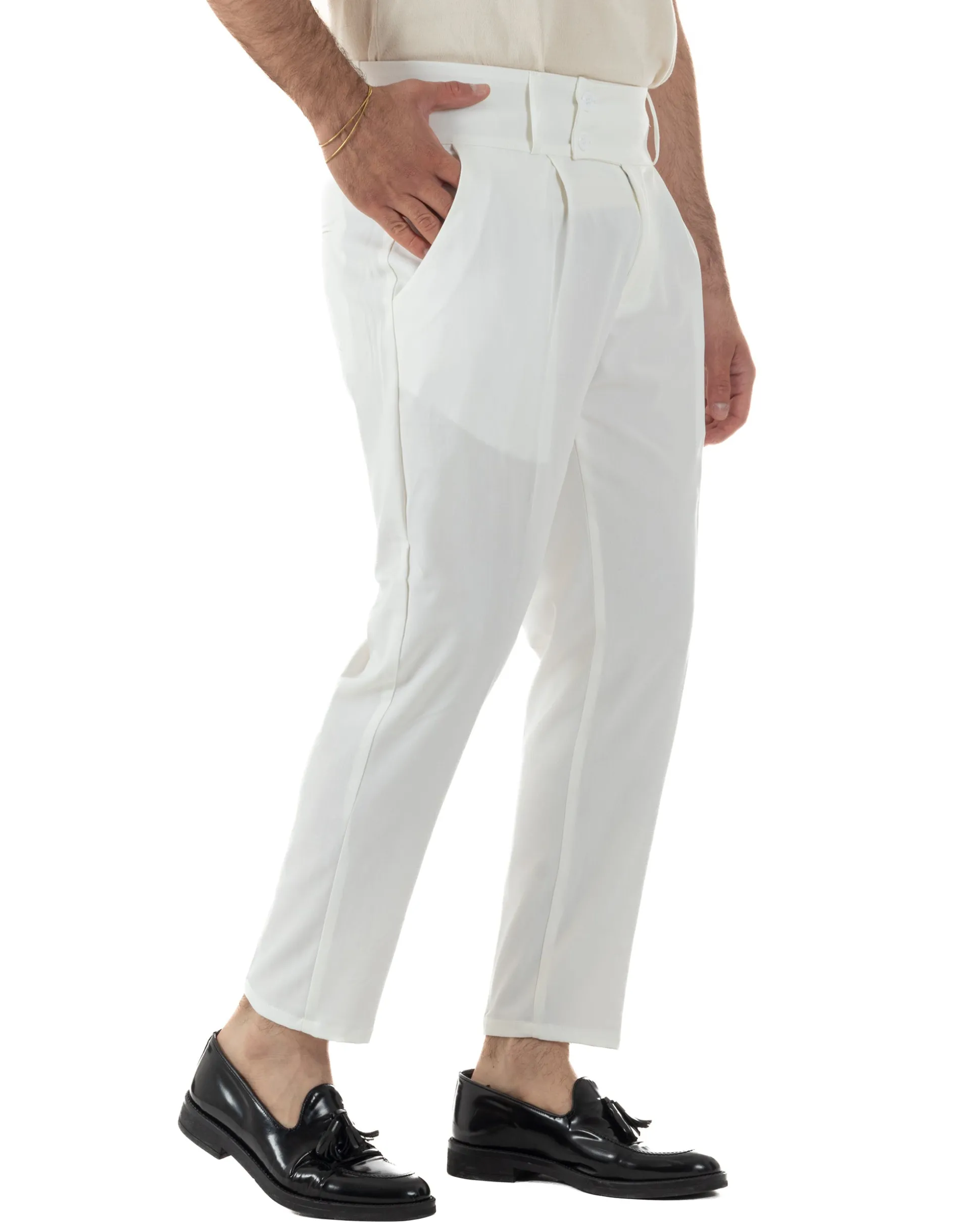 Pantaloni uomo vita alta con pinces classico bustino abbottonatura allungata casual viscosa estivo bianco GIOSAL-P6452A
