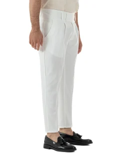 Pantaloni uomo vita alta con pinces classico bustino abbottonatura allungata casual viscosa estivo bianco GIOSAL-P6452A