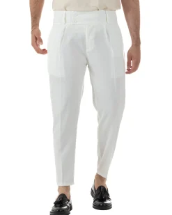 Pantaloni uomo vita alta con pinces classico bustino abbottonatura allungata casual viscosa estivo bianco GIOSAL-P6452A
