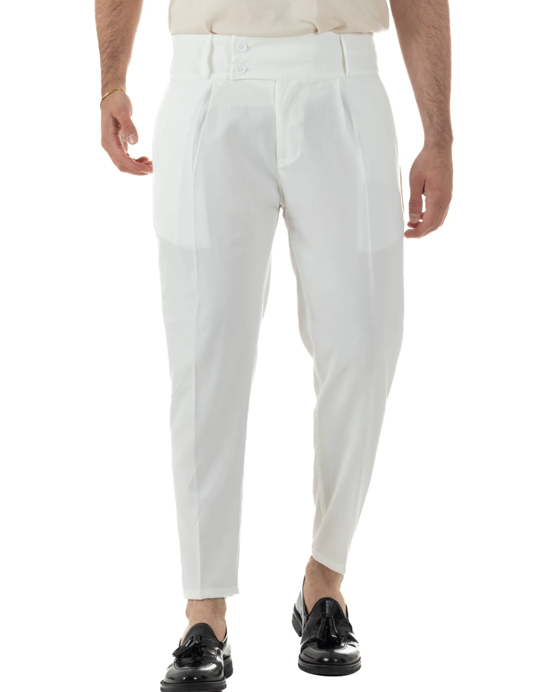 Pantaloni uomo vita alta con pinces classico bustino abbottonatura allungata casual viscosa estivo bianco GIOSAL-P6452A