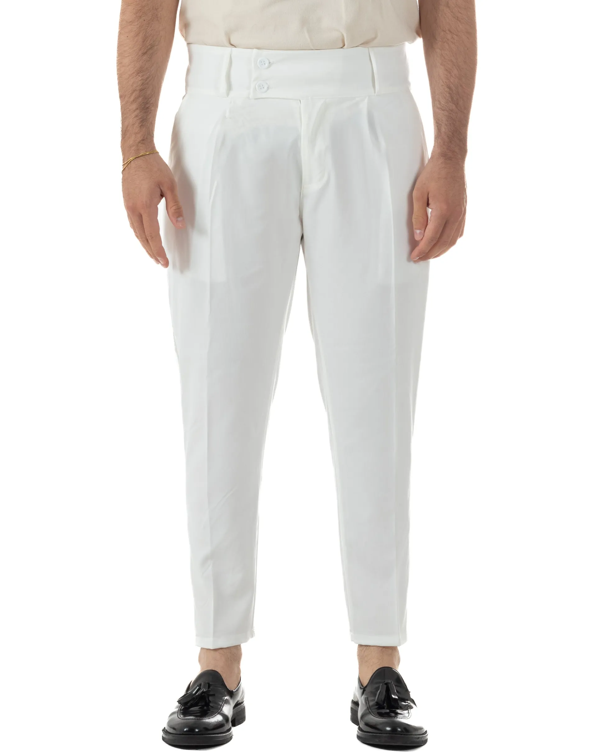 Pantaloni uomo vita alta con pinces classico bustino abbottonatura allungata casual viscosa estivo bianco GIOSAL-P6452A