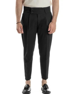 Pantaloni Uomo Vita Alta Con Pinces Classico Bustino Abbottonatura Allungata Casual Viscosa Estivo Nero GIOSAL-P6274A