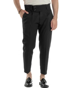 Pantaloni Uomo Vita Alta Con Pinces Classico Bustino Abbottonatura Allungata Casual Viscosa Estivo Nero GIOSAL-P6274A