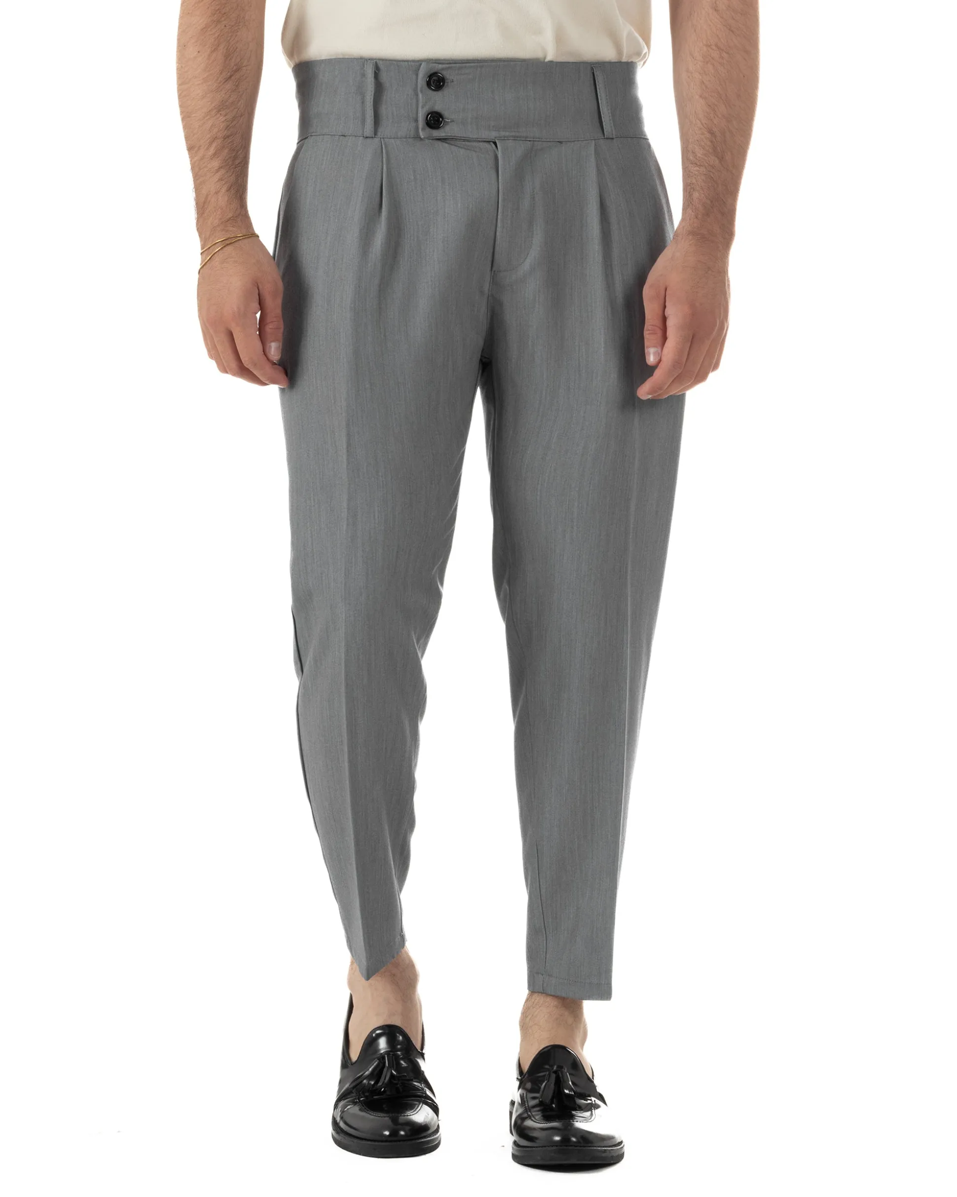 Pantaloni uomo vita alta con pinces classico bustino abbottonatura allungata casual viscosa estivo grigio GIOSAL-P6451A