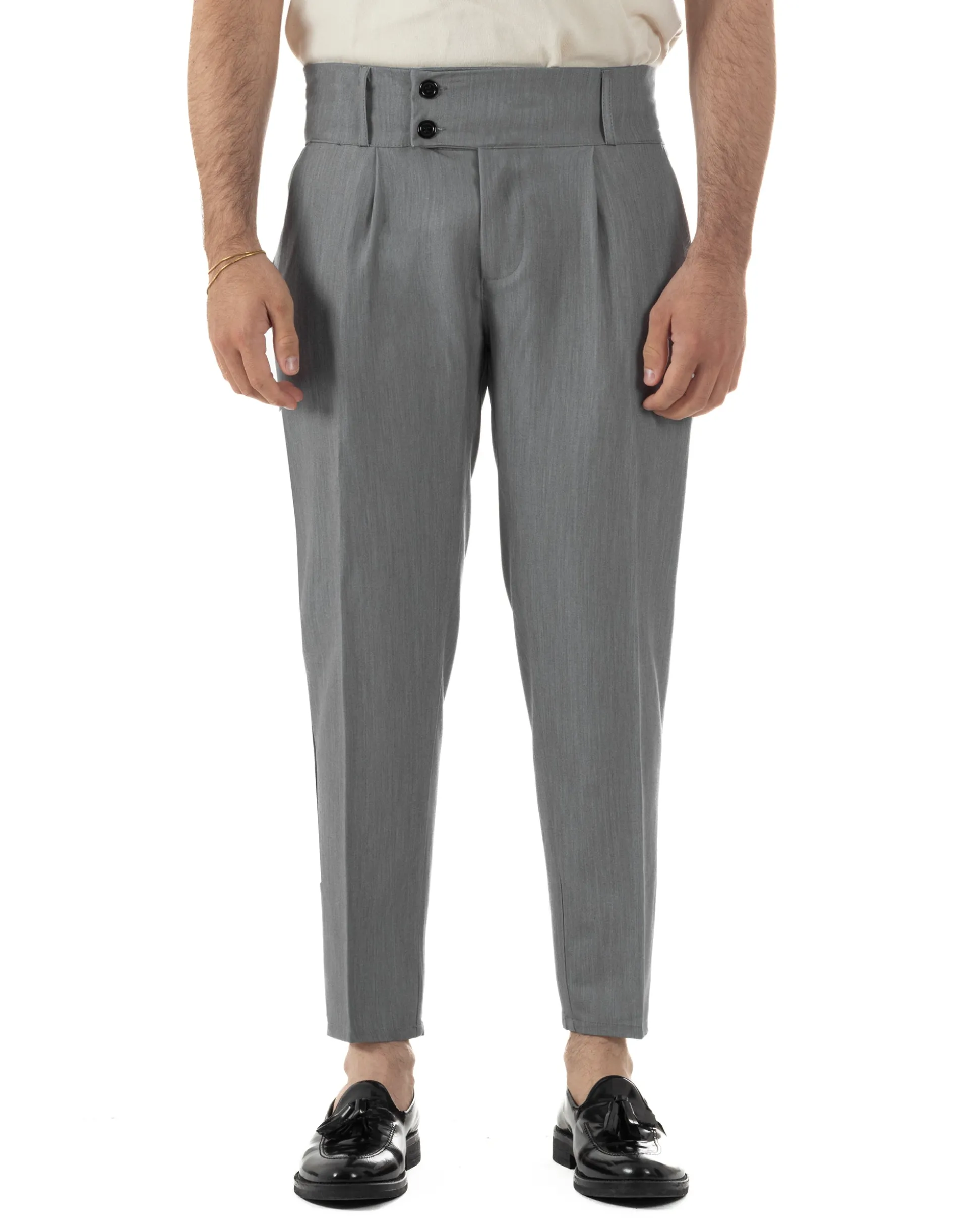 Pantaloni uomo vita alta con pinces classico bustino abbottonatura allungata casual viscosa estivo grigio GIOSAL-P6451A