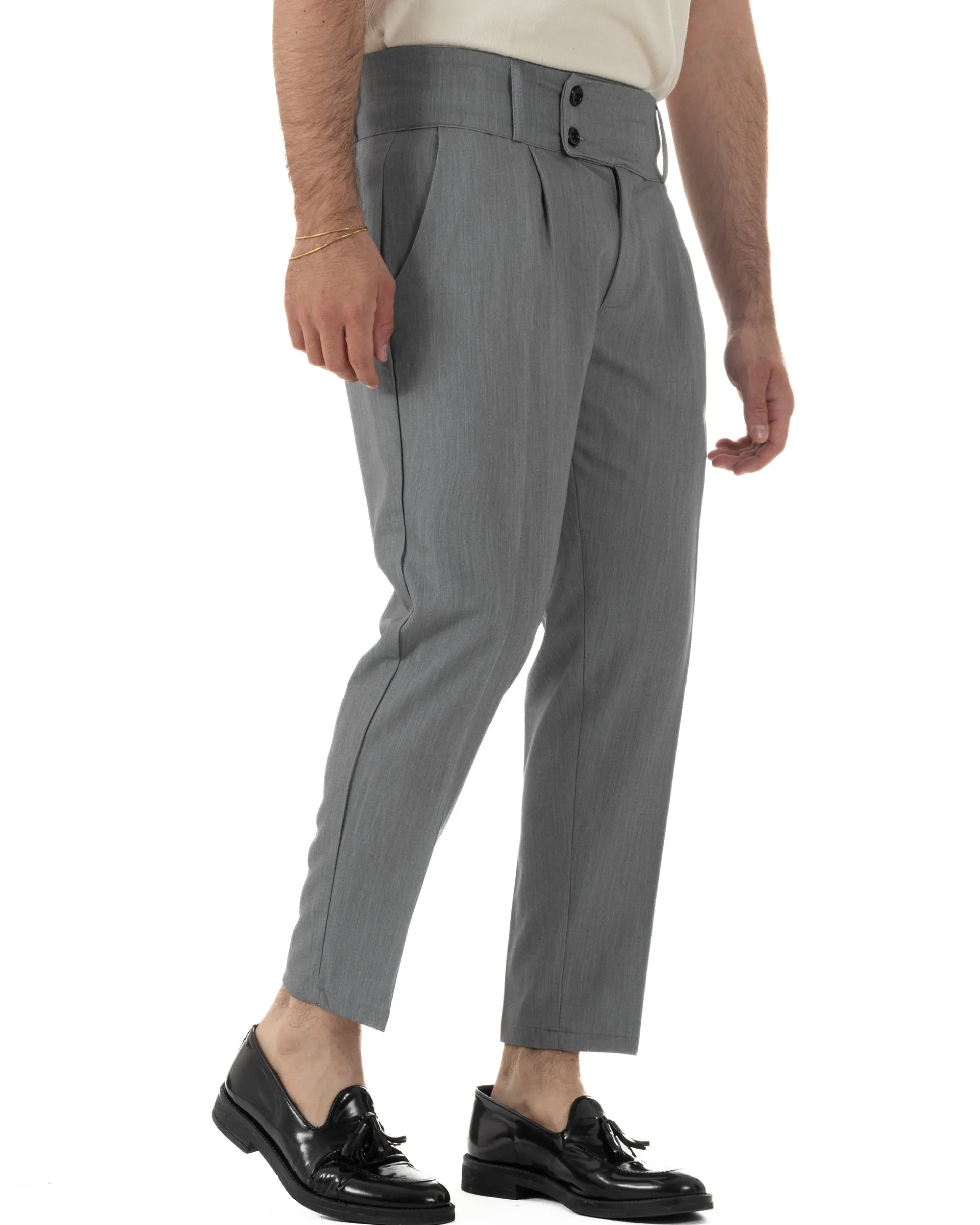 Pantaloni uomo vita alta con pinces classico bustino abbottonatura allungata casual viscosa estivo grigio GIOSAL-P6451A