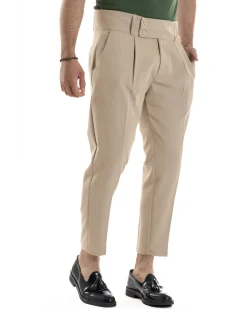 Pantaloni Uomo Vita Alta Con Pinces Classico Bustino Abbottonatura Allungata Casual Viscosa Estivo Beige GIOSAL-P6276A