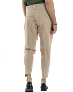 Pantaloni Uomo Vita Alta Con Pinces Classico Bustino Abbottonatura Allungata Casual Viscosa Estivo Beige GIOSAL-P6276A