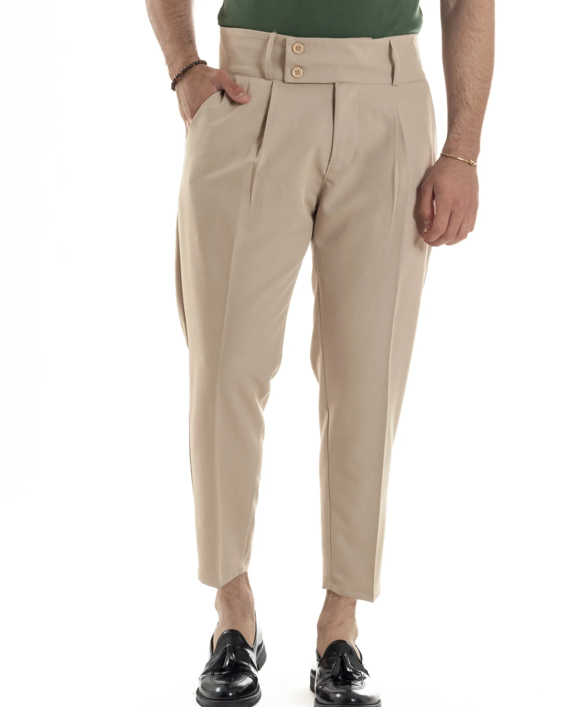 Pantaloni Uomo Vita Alta Con Pinces Classico Bustino Abbottonatura Allungata Casual Viscosa Estivo Beige GIOSAL-P6276A
