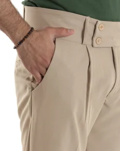 Pantaloni Uomo Vita Alta Con Pinces Classico Bustino Abbottonatura Allungata Casual Viscosa Estivo Beige GIOSAL-P6276A
