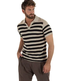 Polo uomo filo maglia a righe colletto aperto beige GIOSAL-TS3290A