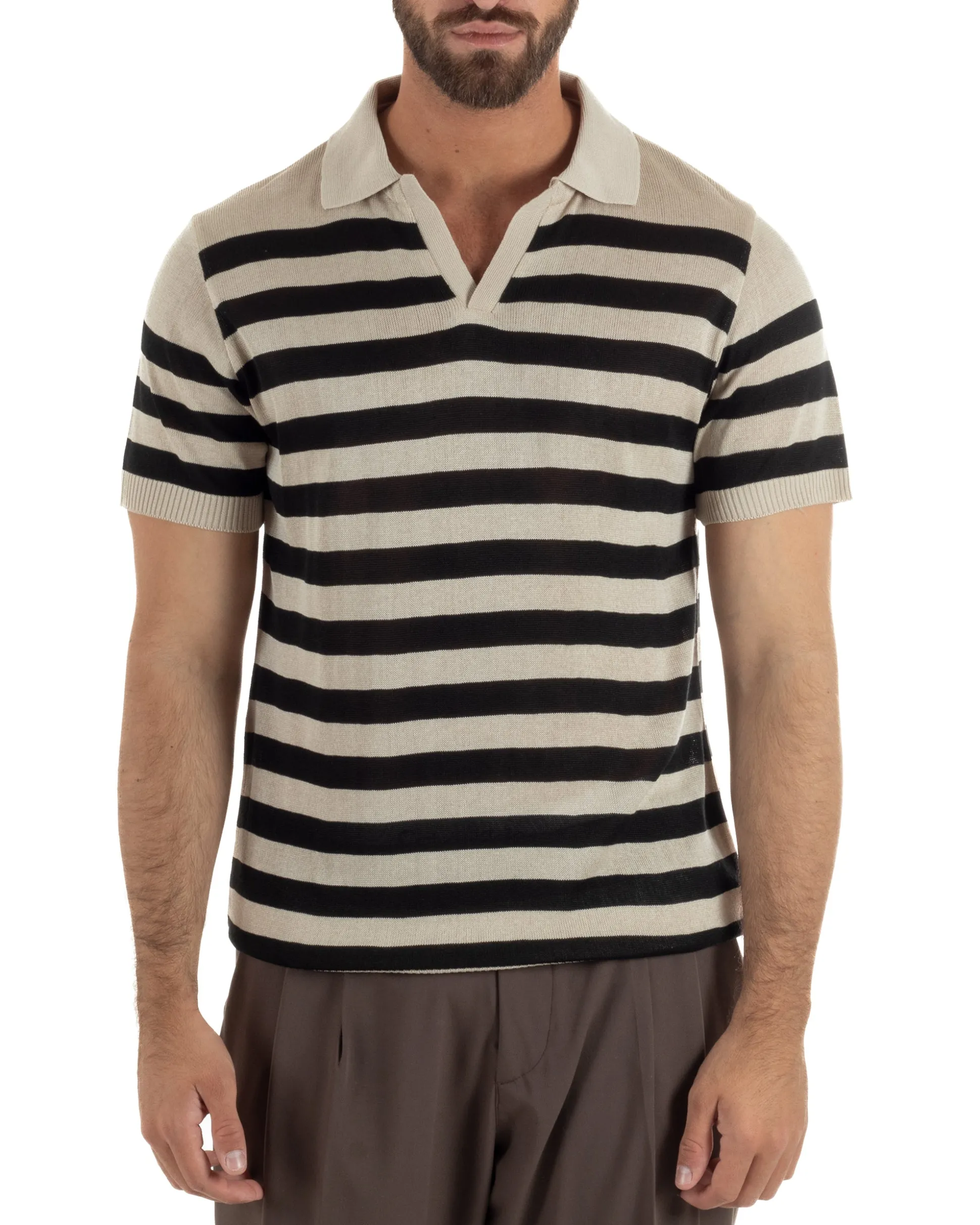 Polo uomo filo maglia a righe colletto aperto beige GIOSAL-TS3290A