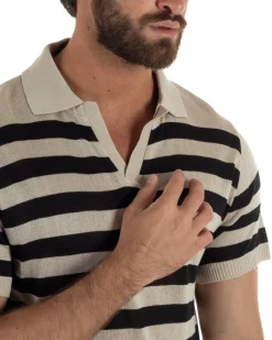Polo uomo filo maglia a righe colletto aperto beige GIOSAL-TS3290A