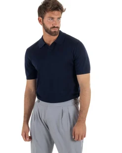 Polo uomo filo maglia basic colletto aperto sottogiacca blu GIOSAL-TS3285A